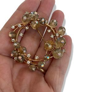 Champagne Bead and Rhinestone Wreath Brooch